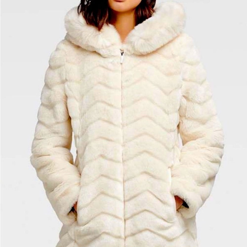 DKNY Cream Hooded Faux Fur Jacket
